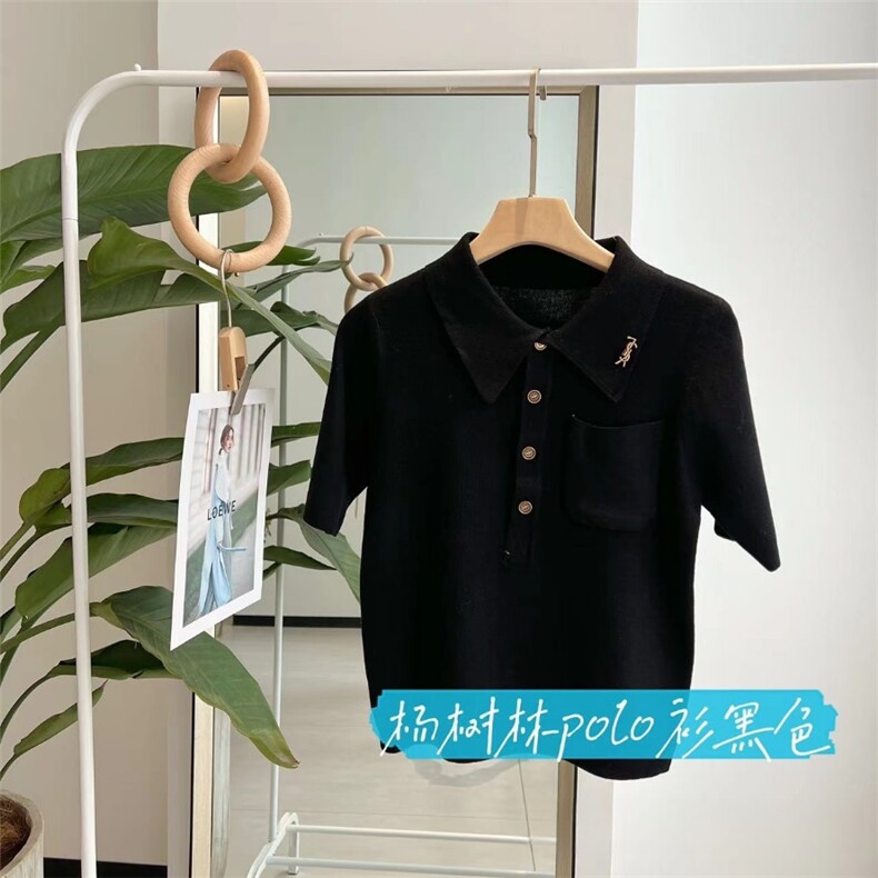 时尚百搭短袖POLO衫女宽松显瘦纯色针织开衫外套图片