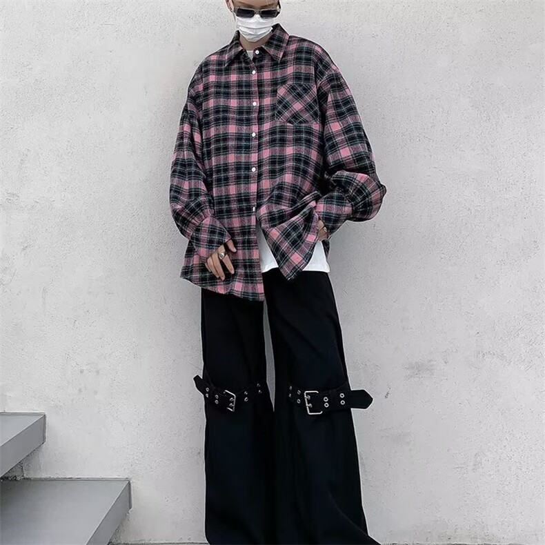 港味长袖防晒衬衣男女秋季慵懒风休闲宽松显瘦格子衬衫外套上衣图片
