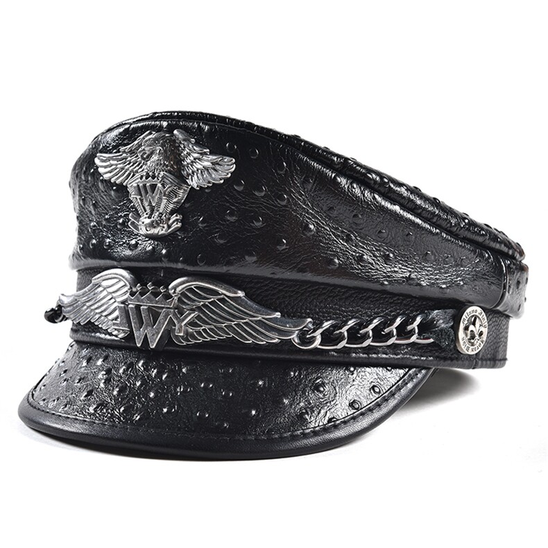 男女同款真皮帽子漆牛皮帽船长帽欧美哈雷机车帽贝雷帽平顶鸭舌帽，男装工装外套，电商B360A（原721A）