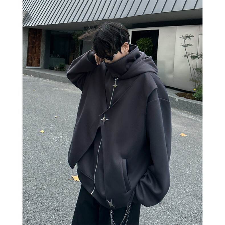 DP9978-P68重磅假两件开衫卫衣男连帽秋冬款廓形美式复古高街外套,男装卫衣,电商C233