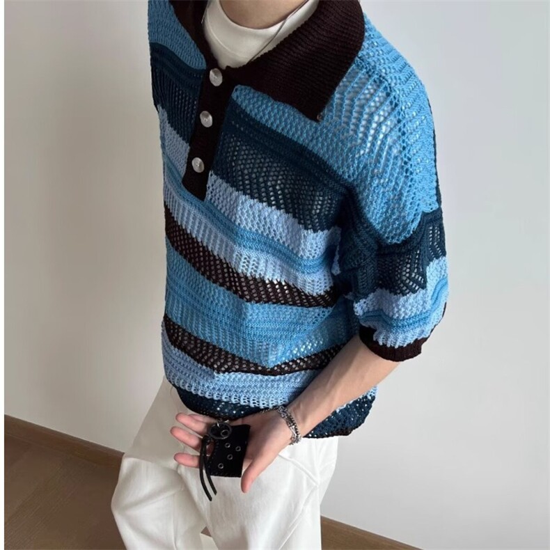 美式复古polo衫针织镂空罩衫短袖t恤夏季薄款渔网眼宽松上衣FCS61,男装T恤,星座208-5