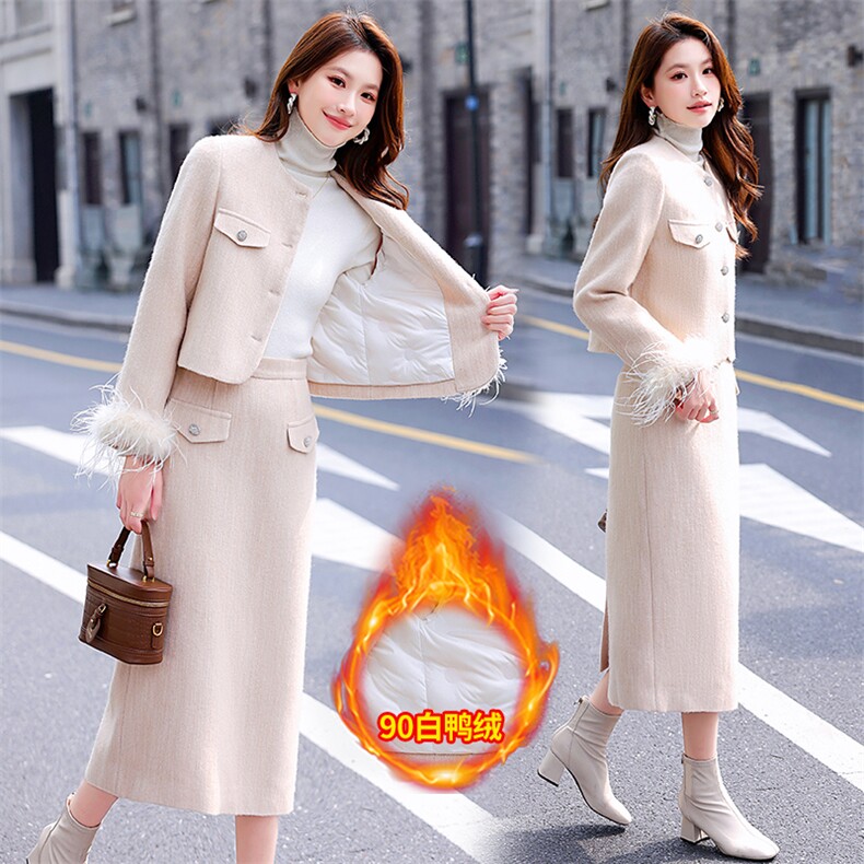2024年冬季新款女时尚潮流气质优雅修身网红小香风90绒套装长袖，女装套装/套裙，煊芮熙
