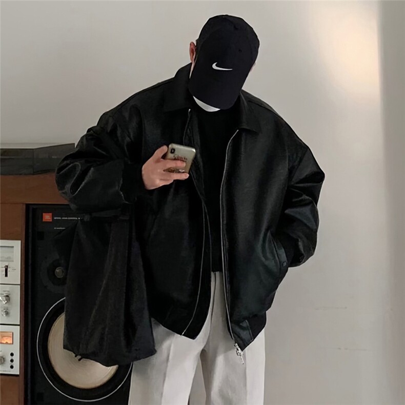 皮衣外套男春秋款加厚复古夹克韩版潮牌痞帅翻领宽松机车服PW638,男装夹克,星座1116A（原606A-3）