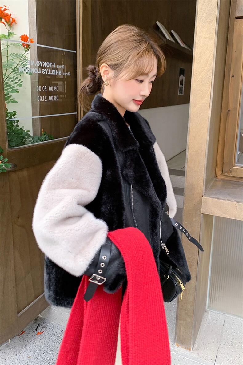 【新品现货】高端机车撞色夹克环保皮毛一体2C081-8101P205K298,女装皮草,2C081