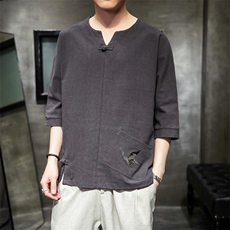 587P45室内风风宽松棉麻潮百搭仙鹤绣花时尚七分袖休闲T恤，男装T恤，电商A026
