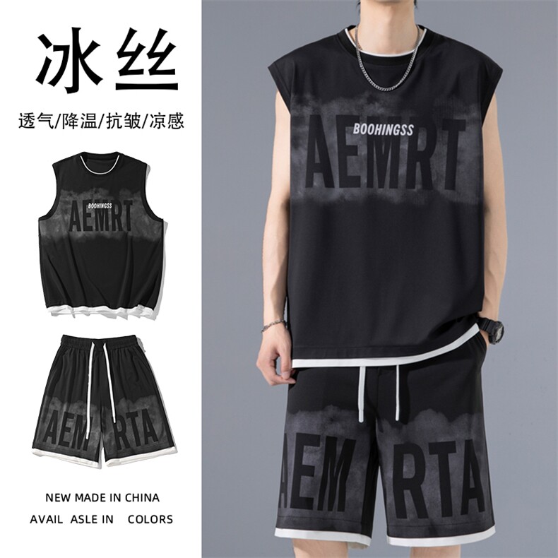 2024夏季新款无影墙大码冰丝背心套装M-5XHQ24530-特P55，男装休闲套装，电商A022