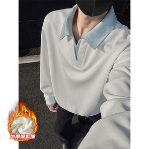抗寒银狐绒假两件翻领男380g重磅亨利领卫衣W5029J加绒特P40控78,白色裤子灰色外套搭配吗图片