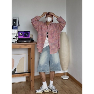 街头宽松廓形粉色格子衬衫男休闲衬衣情侣长袖外套潮GA155-P42图片