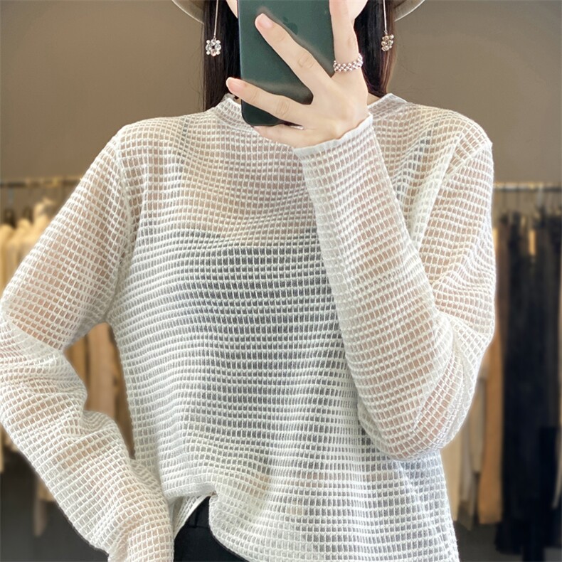 初秋新款宽松慵懒风圆领针织毛衣女微透轻薄长袖T恤宽松休闲上衣,女装羊毛衫,宛庄羊绒