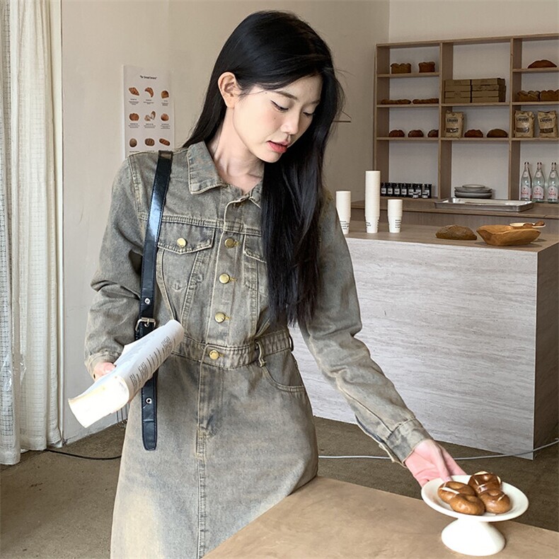赫本风复古牛仔连衣裙春季韩版收腰显瘦今年流行衬衫裙NZ037-100,男装衬衫,星座911-3