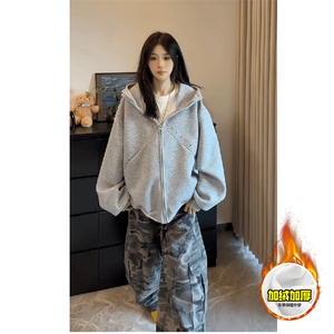480G重磅加绒硬挺boxy 男女秋冬美式高街卫衣铆钉拼接开衫厚外套图片