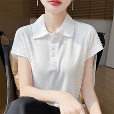衬衫领短袖简约百搭宽松套头上衣，女装针织衫/毛衣，绒宛羊绒