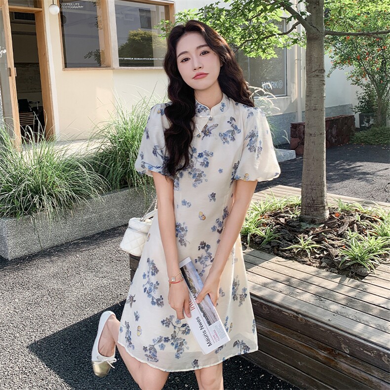 新中式立领旗袍印花连衣裙女欧洲站2025夏季新款泡泡袖显瘦A字裙,女装连衣裙,2C260