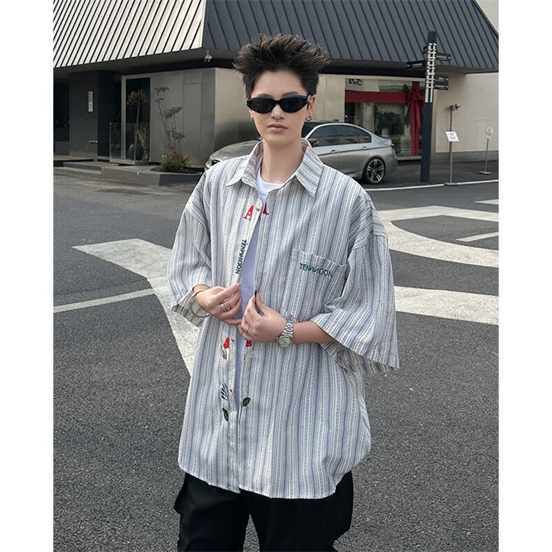 DP095-P35美式复古条纹衬衫早秋2025新款刺绣设计感宽松休闲上衣,男装衬衫,电商C233