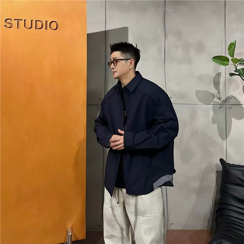 JK734-尺码M-3XL-特P63-高街宽松假两件设计条纹衬衫外套（网图）,男装衬衫,星座1811B
