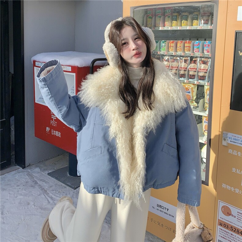 蓝色大毛领派克羽绒服女2025冬季新款设计感清新小个子加厚外套,女装羽绒服,艾米莉亚