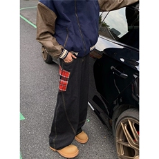 得物品质秋冬款男牛仔裤弯刀格子拼接阔腿直筒长裤NK7693P58，男装牛仔裤，星座1013-1