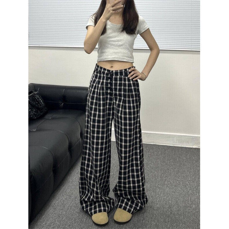 复古格子休闲裤女宽松慵懒风阔腿直筒排扣设计拖地裤LK20011-p50图片