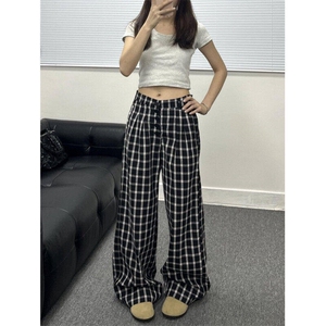 复古格子休闲裤女宽松慵懒风阔腿直筒排扣设计拖地裤LK20011-p50图片
