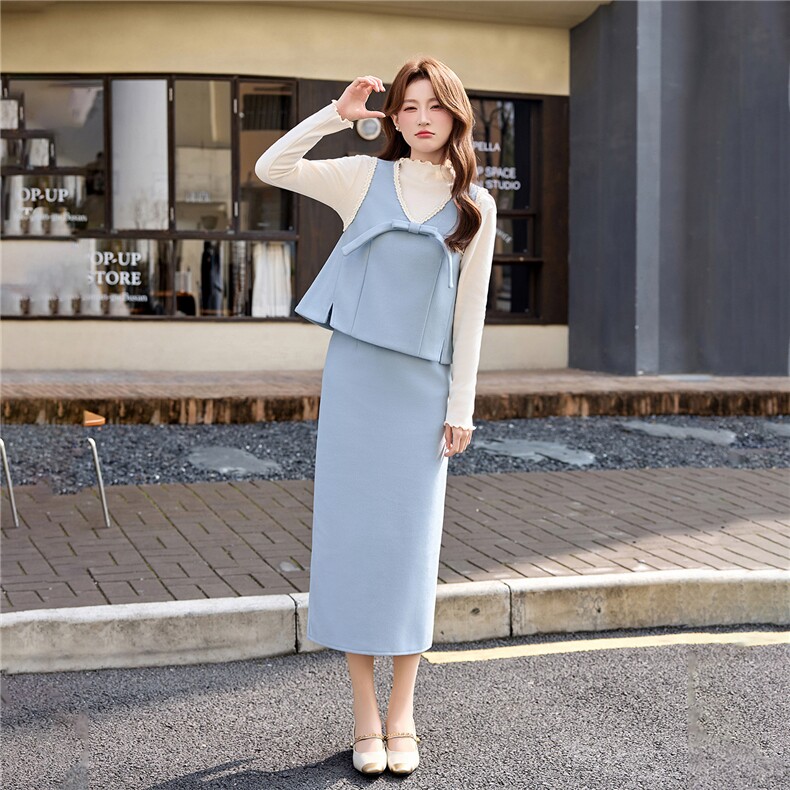 设计感洋气套装裙女2026冬新款拼接马甲打底衫半身裙三件套套装，女装套装/套裙，流量+