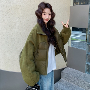 短款立领毛呢拼接羽绒服女2025冬季新款小个子白鸭绒面包服外套潮图片