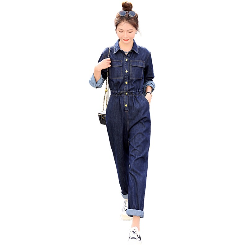2024新款简约时尚个性气质翻领抽绳收腰显瘦牛仔连体长裤,女装打底裤,瑶迪