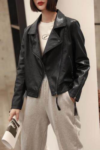现货春季新款斜拉链两色皮衣，女装皮衣，C&B
