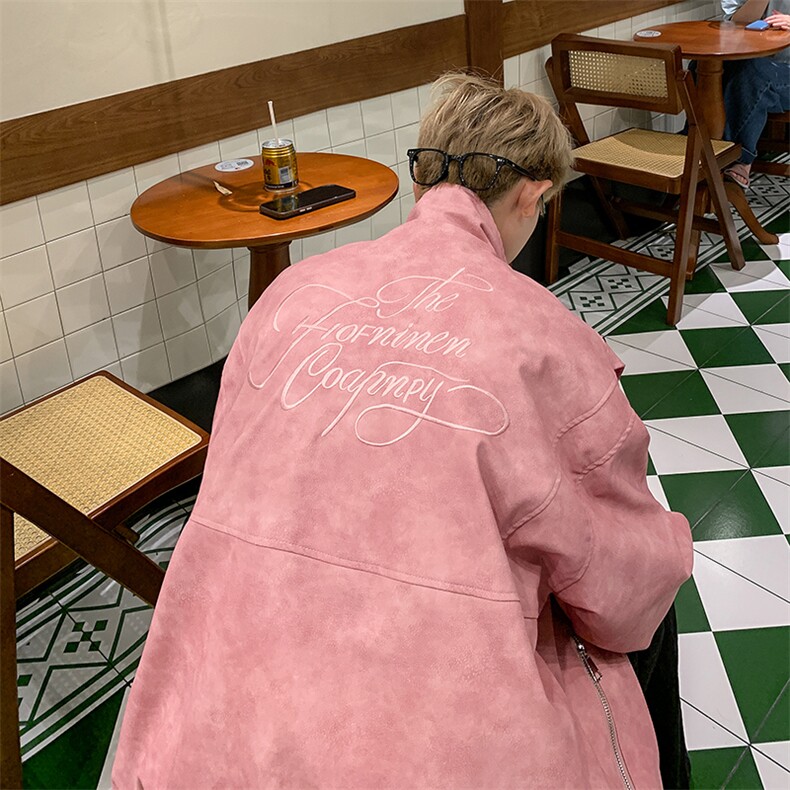 做旧面料英文刺绣PU皮衣金属标双拉链夹克外套PY999/特P90粉红2,男装皮衣,电商A094
