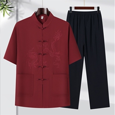 2025夏季薄款高端风绣花冰丝短袖衬衫唐装汉服套装9038-P95，男装衬衫，星座1105-3