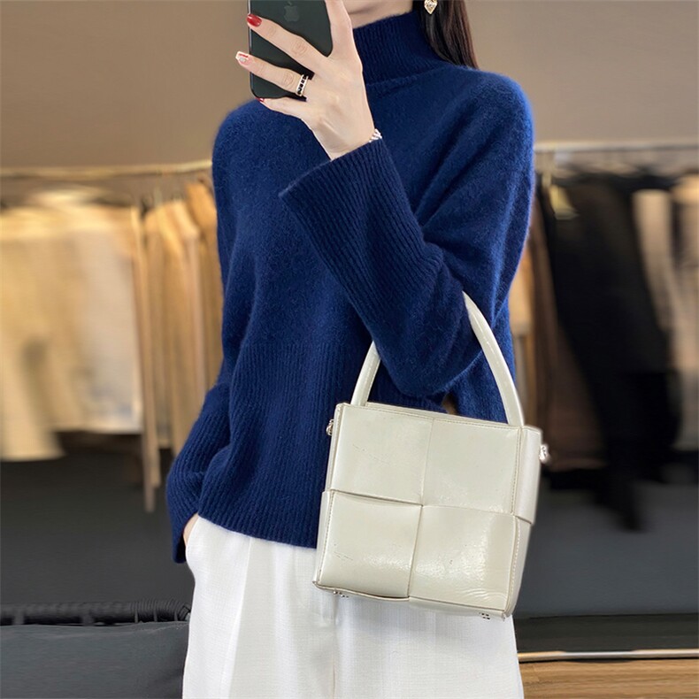 2024秋季新款大高翻开叉宽松羊毛套头衫休闲舒适,女装羊毛衫,美雪羊绒