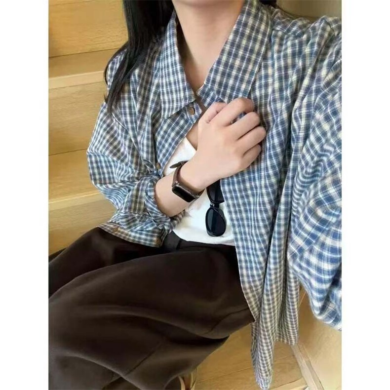 韩系蓝色格子长袖衬衫男女宽松慵懒风衬衣特批2648-CS37,男装衬衫,星座402-2