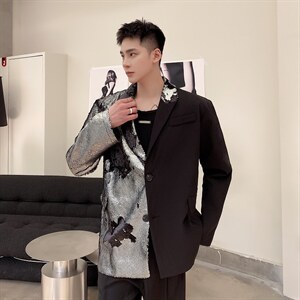 春季新款休闲宽松亮片拼接撞色西服外套上衣男潮A345-1877-P145图片