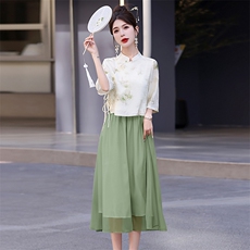/新中式植绒绣汉服套装女夏季新款国风禅意茶服两件套，女装套装/套裙，意芙