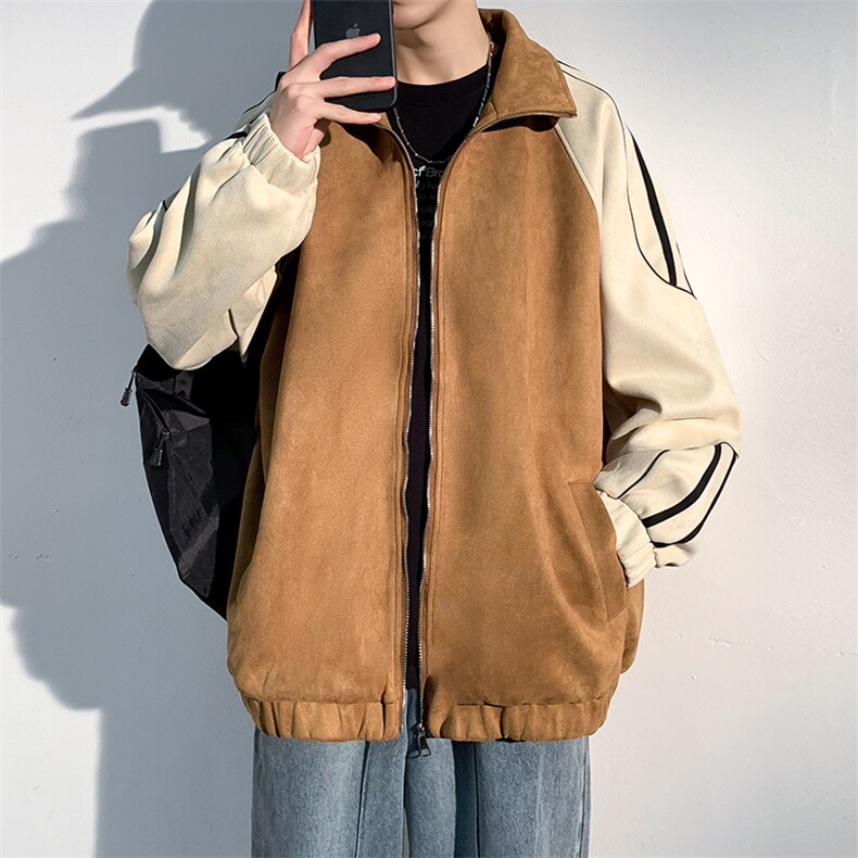 J6617P78光影墙抖音高品质麂皮绒翻领夹克外套休闲拼接学生潮,男装夹克,电商A026-1