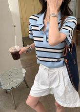 小鹿同款POLO领条纹针织短袖，女装T恤，邦太羊绒