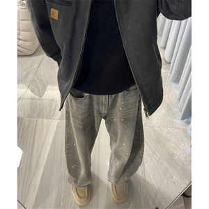 水洗做旧泼墨烟牛仔裤男宽松弯刀廓形慵懒松弛感裤子 N7622图片
