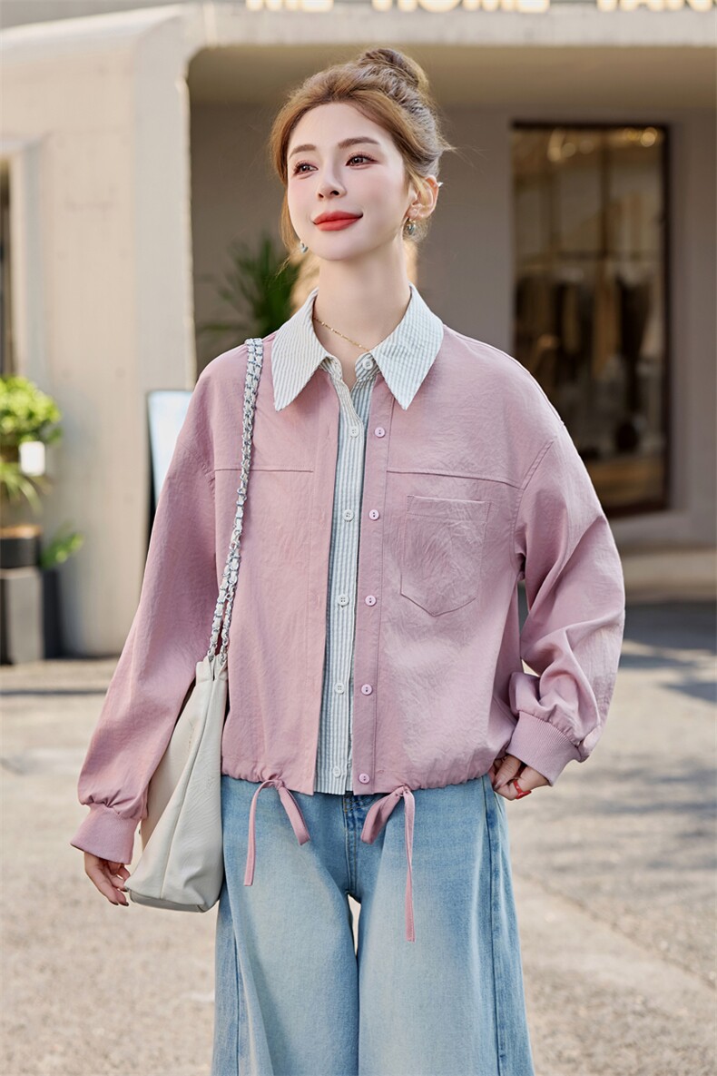 条纹拼接假两件衬衫薄外套女2025春夏新款宽松休闲百搭防晒衣上衣,女装衬衫,余墨