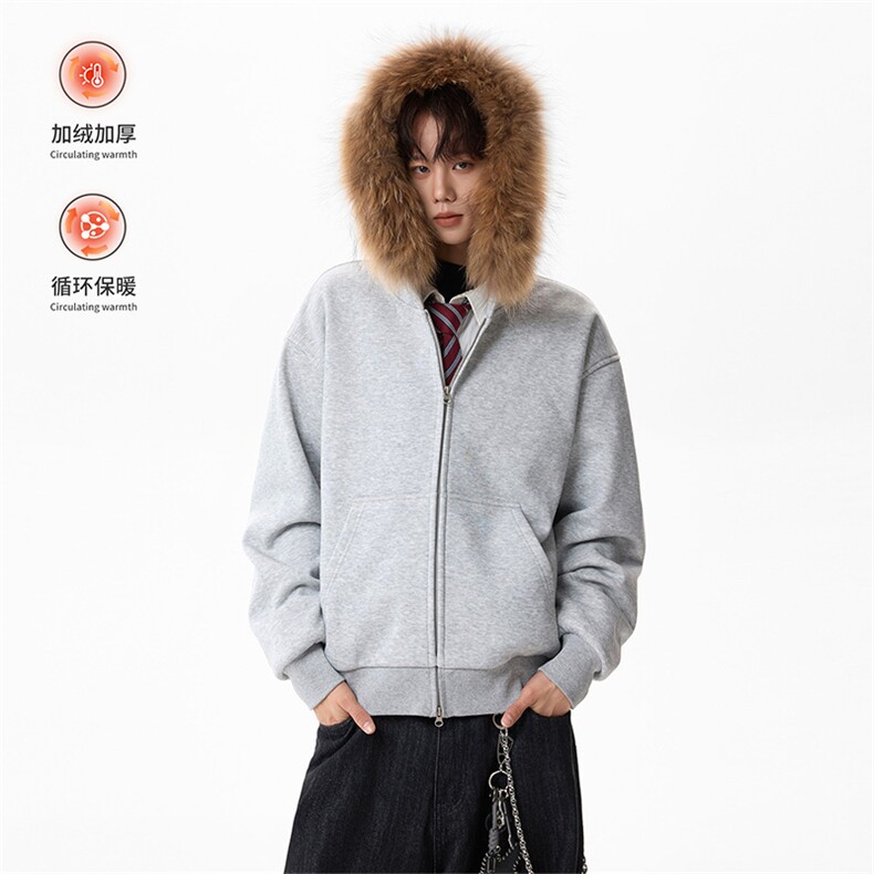加绒卫衣连帽大毛领开衫冬季短款外套男女5D4098-TP75118,女装短外套,电商A102
