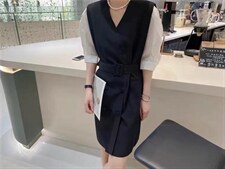 夏季新款欧洲站洋气拼接泡泡袖收腰连衣裙，女装连衣裙，L·H·X