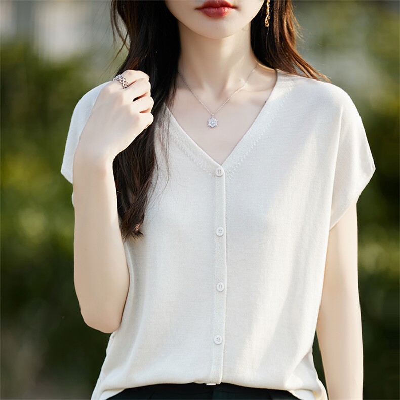夏季新款女士简约时尚舒适天丝假开衫V领短袖,女装T恤,斯美雅电商供货