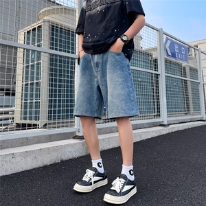 牛仔短裤男士夏季日系宽松水洗复古阔腿五分裤男休闲中裤~MK062图片