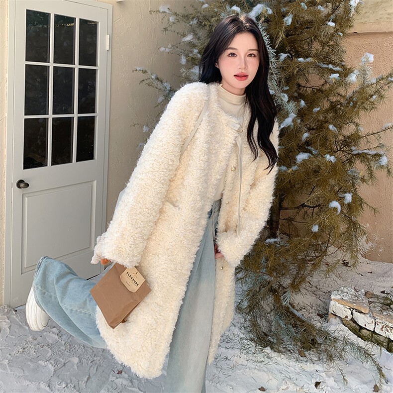 2024年冬季新款加厚长款皮毛一体外套仿羊羔毛大衣，女装羊羔毛/颗粒绒，韩蜜菓