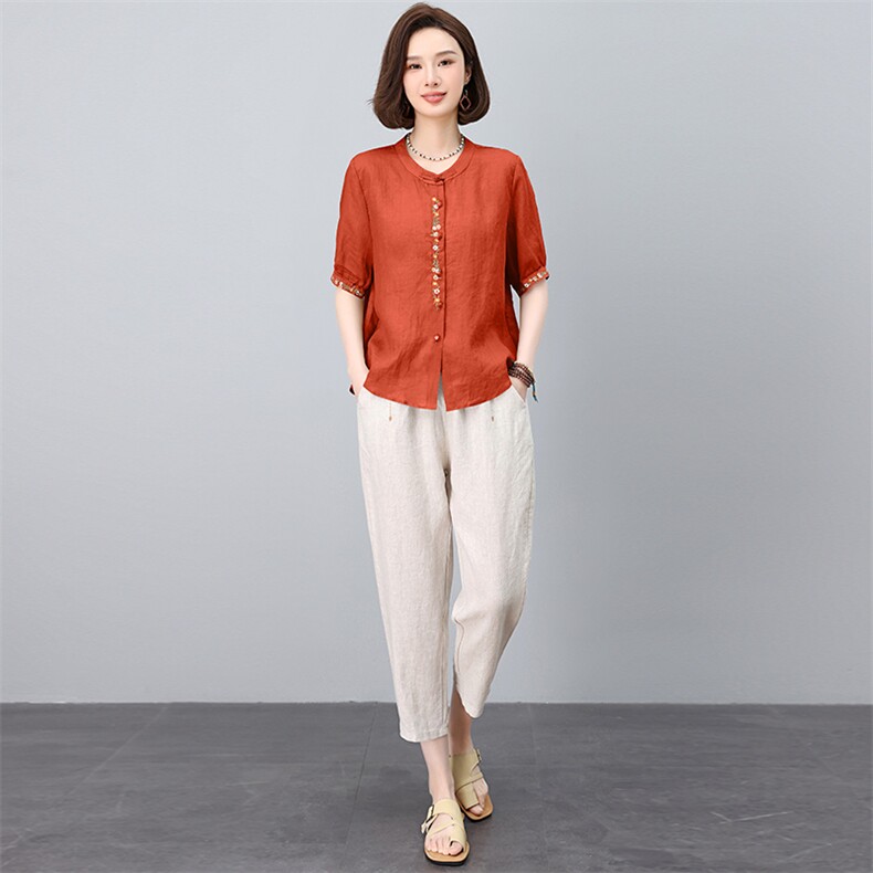 新中式高端苎麻刺绣套装女2025夏新款中年妈妈洋气减龄亚麻两件套，女装套装/套裙，涵誉