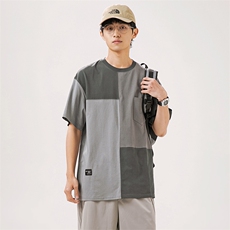 2025夏季新款男装日系潮牌纯棉拼色圆领宽松短袖休闲T恤T892-F55，男装T恤，电商A101（原外27）