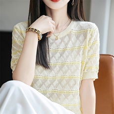 小香风圆领镂空2025夏季新款女装短袖T恤女宽松打底衫针织衫上衣，女装T恤，菲奥羊绒