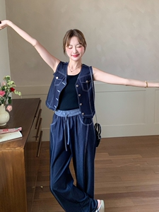 深蓝色牛仔马甲时尚套装女2026夏季新款韩版宽松休闲阔腿裤两件套图片