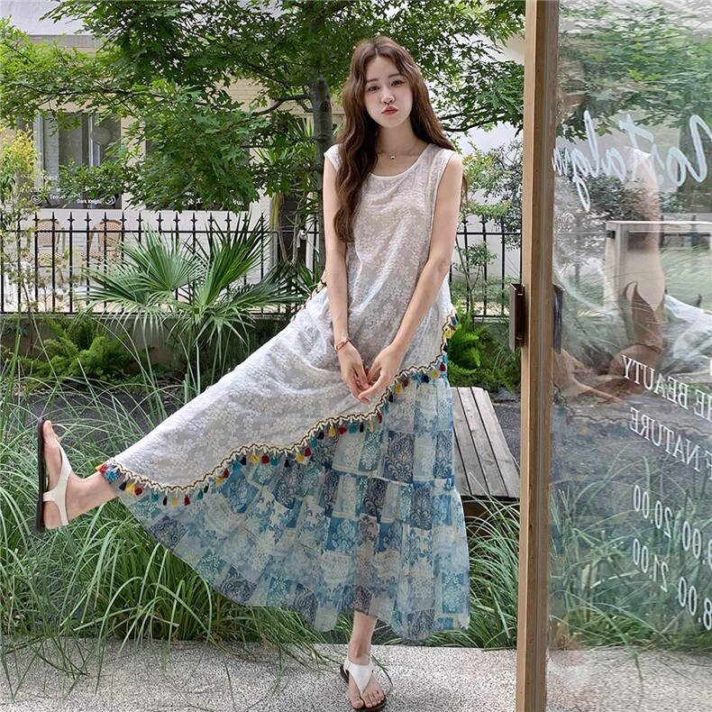 夏日旅游出行穿搭度假风套装裙女2025新款不规则蕾丝罩衫两件套裙图片