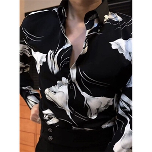 高品质弹力雅痞绅士个性欧货衬衫秋季黑白配图案洋气花衬衫 CY53图片
