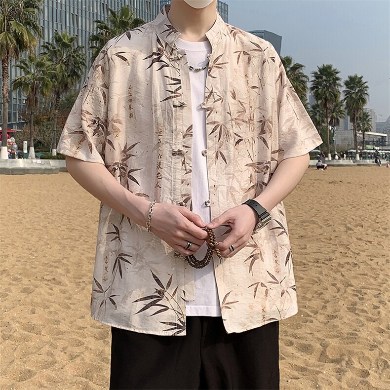 新中式夏威夷唐装花衬衫男夏季潮流风盘扣短袖衬衣7001P40,男装衬衫,电商A056