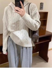 麻花毛衣女毛线衣秋冬2024款连帽复古日系慵懒宽松软糯针织衫上衣，女装羊毛衫，恒恩羊绒